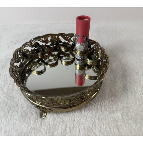 Vintage Gold Metal Lipstick Vanity Holder RoundMirrored5.5